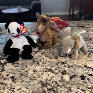Ty Beanie Babies Black and White Panda, Brown Dragon, Tan Bunny Bundle